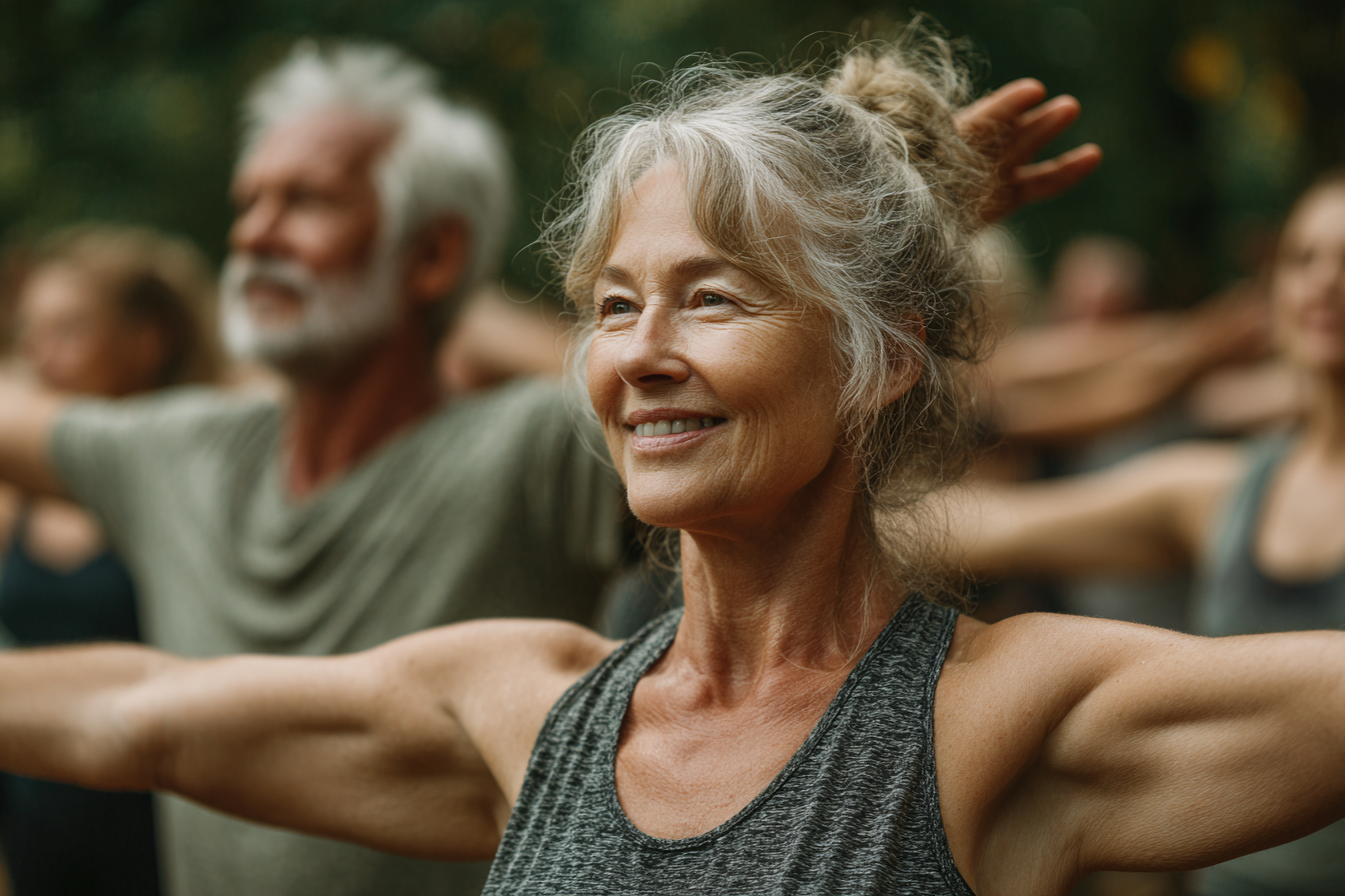 Seniori participând la o sesiune de grup yoga în natură, instructorul ghidându-i prin exerciții de stretching și echilibru