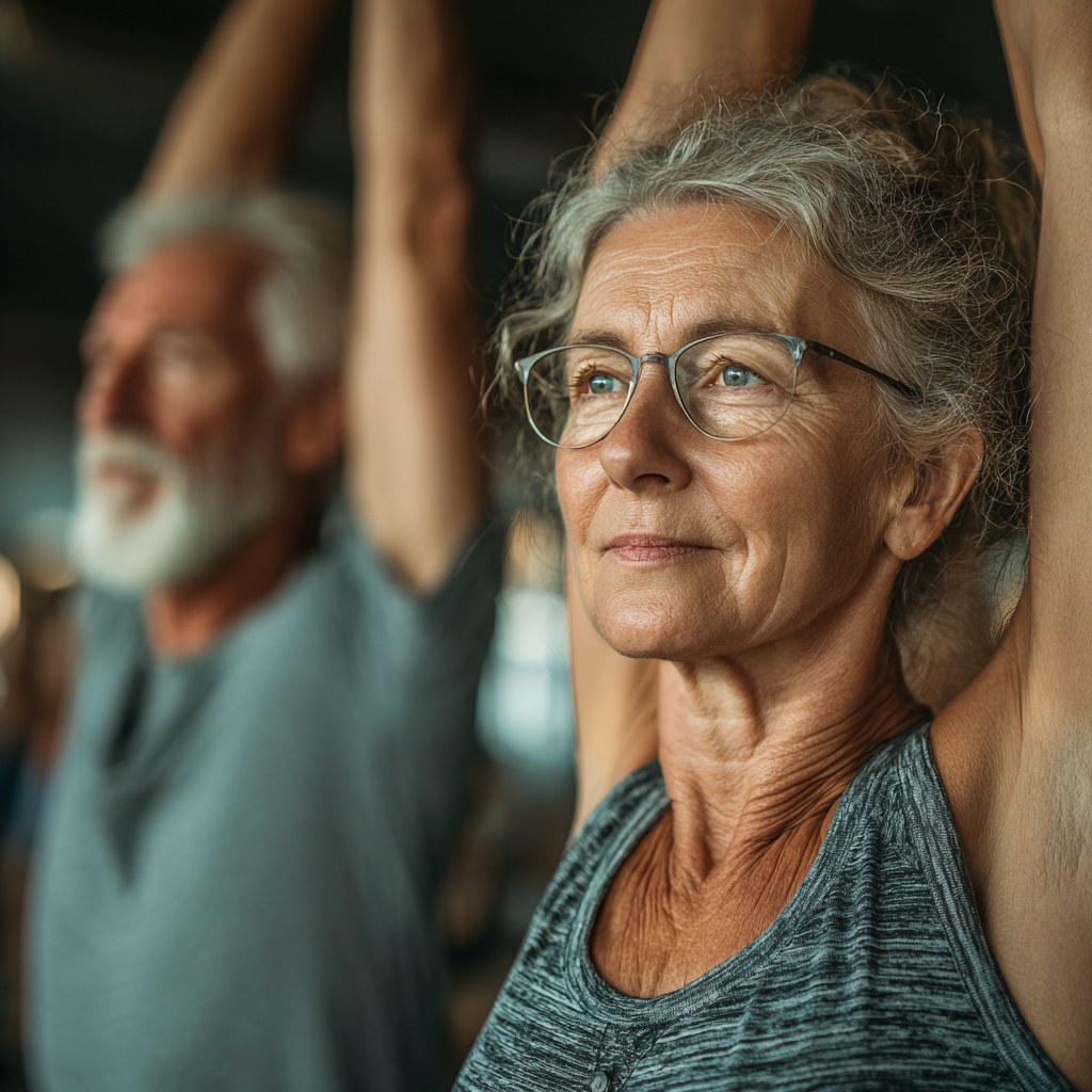 Instructor profesionist ajutând un senior cu exerciții de echilibru într-un studio modern de fitness, demonstrând atenția personalizată
